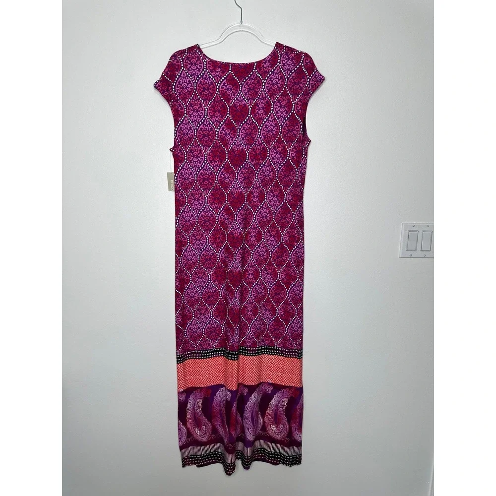 Chicos Maxi Cap Sleeve Dress Size 2 L Pink Purple Twist Front Geometric Slit New